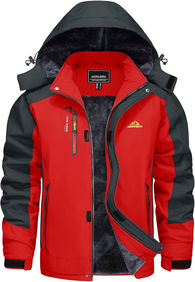 KEFITEVD Snowboarding Jacket, Men's Warmly Lined Ski Jacket, Waterproof Softshell Jacket with Hood, Fleece, Winter Jacket, Breathable Functional Jacket