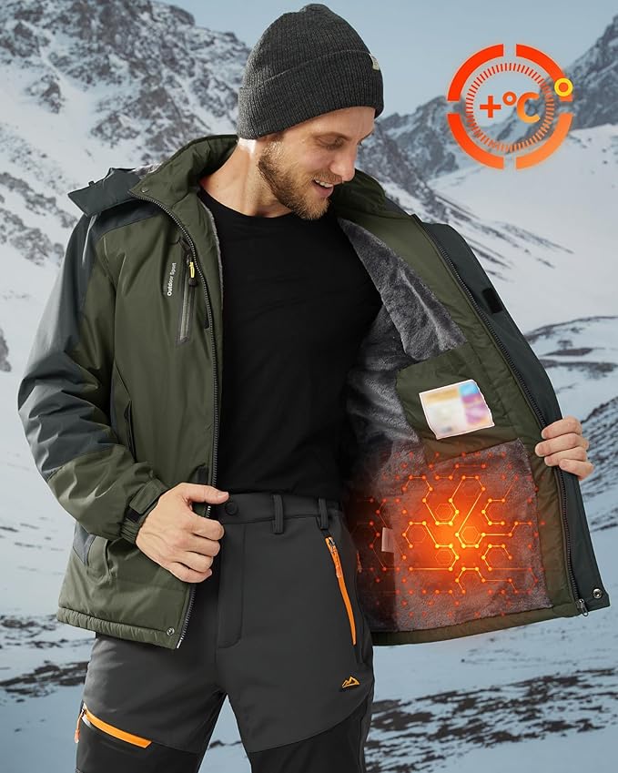 KEFITEVD Snowboarding Jacket, Men's Warmly Lined Ski Jacket, Waterproof Softshell Jacket with Hood, Fleece, Winter Jacket, Breathable Functional Jacket